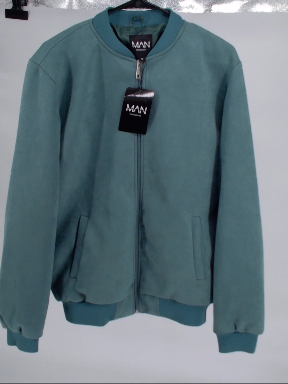 Boohoo Man Mens Green/B Full Zip Houndstooth Quilted Velvet Bomber Jacket Size M